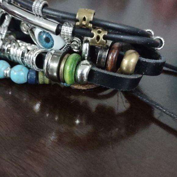 Women's Silvertone Multicolored Beaded Adjustable Slider Bracelet with Evil Eye - Picture 3 of 7